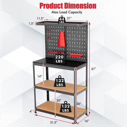 Goplus Workbench with Pegboard, Heavy-Duty Steel Tool Table with 2 Open Shelves, 13 Hanging Accessories Included - GoplusUS