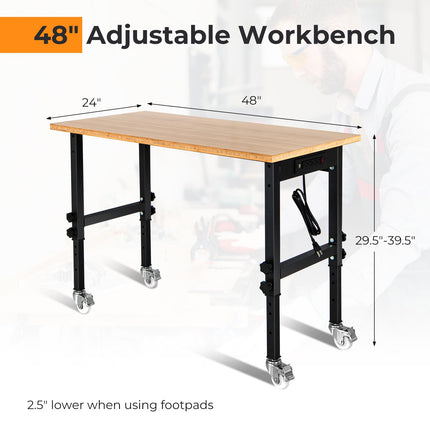 Goplus Work Bench with Power Outlet, 48?±Adjustable Rolling Work Table w/Removable Wheels & Foot Pads, 1984LBS Capacity