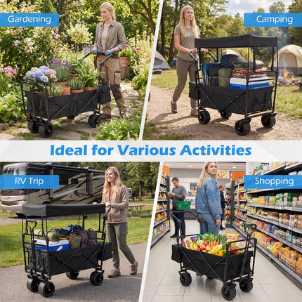 Goplus Collapsible Wagon with Removable Canopy Adjustable Handles & All-Terrain Wheels