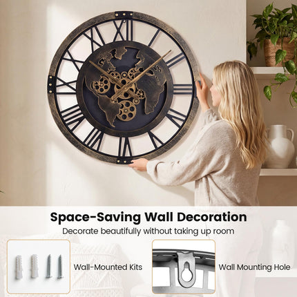 Goplus 27" Gear Clock with World Map Non-Ticking Decorative Metal Clock with Moving Gears