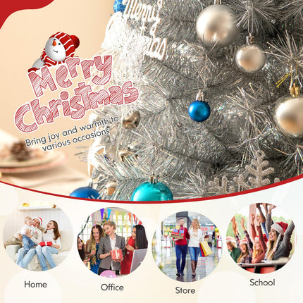 Goplus 5ft / 6ft /7ft  Pre-Lit Christmas Tree with Silver Tinsel Leaves & Upgraded Metal Stand
