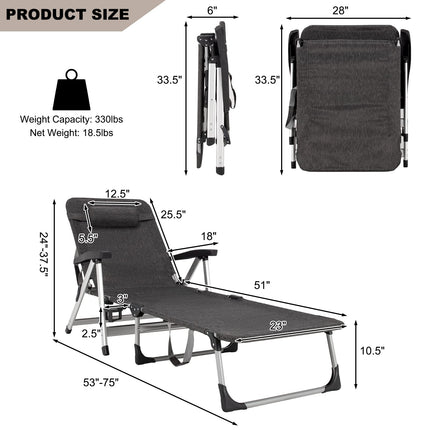Chaise Lounge Chair, Folding Outdoor Patio Lounger with Cup Holder & Detachable Headrest - GoplusUS