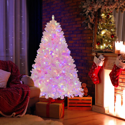Goplus 6FT Pink Pre-lit Christmas Tree, Hinged Snow Flocked Artificial Xmas Tree, Seasonal Holiday Decoration for Office Home