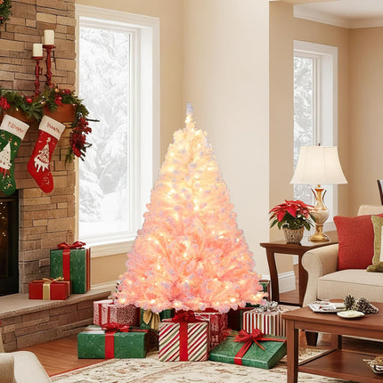 Goplus Pre-Lit Snow Flocked Christmas Tree Artificial Hinged Xmas Full Tree