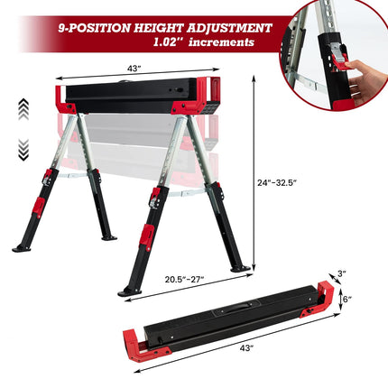 Goplus 2 Pack Folding Saw Horses, Heavy Duty Steel Sawhorse w/24闂傚倸鍊搁崐宄懊归崶顒�纾婚柟鐗堟緲绾惧潡鏌曢崼婵囧闁哄棙绮撻弻銊╂偄閸濆嫅銏ゆ煛閸曗晛鍔﹂柡?32.5闂傚倸鍊搁崐宄懊归崶顒�纾婚柟鐗堟緲绾惧潡鏌曢崼婵囧闁哄棙绮撻弻銊╂偄閸濆嫅銏ゆ煛閸曗晛鍔﹂柡?Adjustable Height, 2x4 Supporting Arms - GoplusUS
