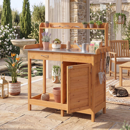 Goplus Garden Potting Bench Table with Stainless Steel Tabletop (44" x 18" x 49")