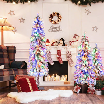 Goplus 3' 4' 5' Pre-Lit Snow Flocked Christmas Tree Set of 3 with 300 Multicolored LED Lights