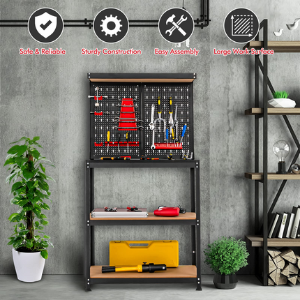 Goplus Workbench with Pegboard, Heavy-Duty Steel Tool Table with 2 Open Shelves, 13 Hanging Accessories Included - GoplusUS