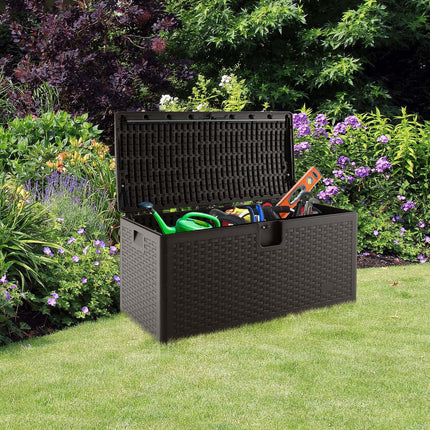 Goplus Outdoor Storage Box, 31 73 100 Gallon Waterproof Resin Patio Storage Box with Lockable Lid, Side Handle for Pillows, Cushions