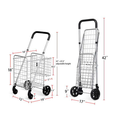 Folding Shopping Utility Cart, Double Basket and 360 Swivel Wheels, Adjustable Handle - GoplusUS
