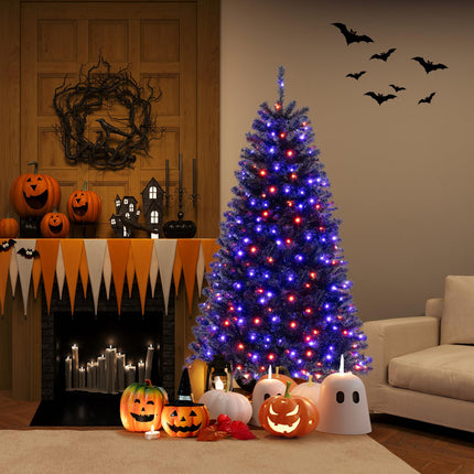 Goplus 6/7/8 FT Pre-Lit Black Halloween Tree, Artificial Hinged Christmas Tree with 280/380/500 Orange & Purple LED Lights