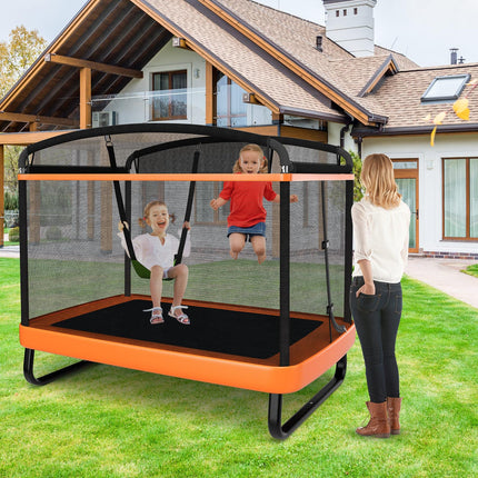 Goplus 6FT Kids Trampoline with Swing, ASTM Approved Rectangle Recreational Trampoline w/Enclosure Safety Net