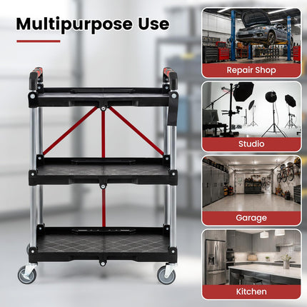 Goplus 3-Tier Folding Utility Cart w/Swivel Wheels | Tool-Free Assembly 200 lbs Capacity