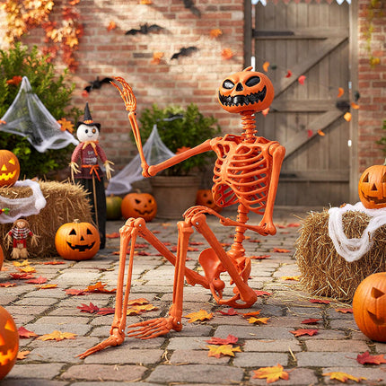 Goplus 5.2 Ft Life-Size Posable Skeleton with Pumpkin Head Halloween Orange Skeleton Decoration