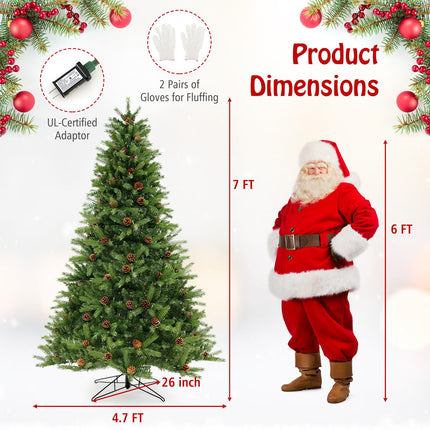 Goplus 3-Minute-Setup Pre-Lit Artificial Christmas Tree, 7ft Hinged Xmas Tree with 360 Quick Power Connector