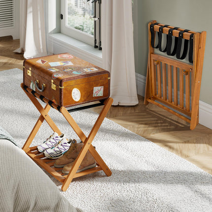 Goplus Folding Solid Wood Suitcase Stand with Storage Shelf No Assembly Required