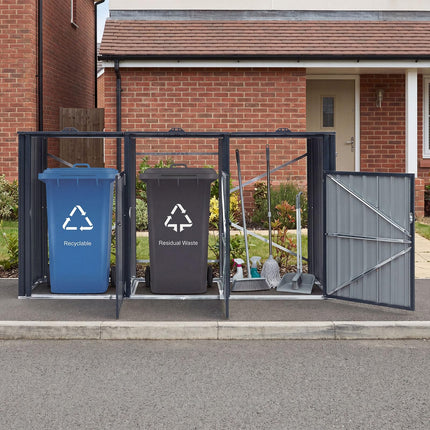 Goplus 7.8 x 2.6 FT Outdoor Trash Can Storage 3-Bin Metal Garbage Shed