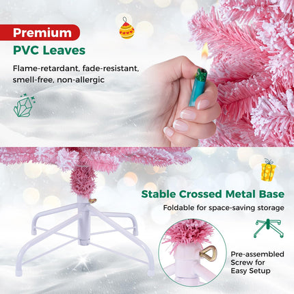 Goplus 6 FT/7 FT Pink Flocked Pre-Lit Pencil Christmas Tree | Slim Decoration Tree for Home Office
