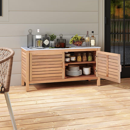 Goplus Patio 2-Door Acacia Wood Storage Cabinet with Faux Marble Top