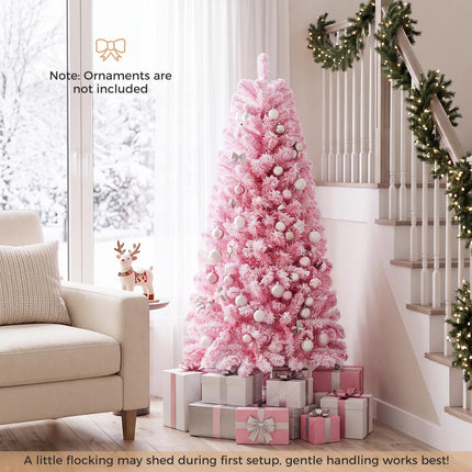 Goplus 5ft/6ft/7ft Pink Pre-Lit Flocked Christmas Trees | Holiday Decoration Tree for Home Office Party
