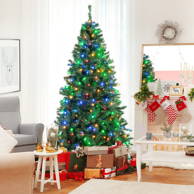 Goplus 7ft Artificial Pre-Lit Christmas Tree, Hinged Full Xmas Tree with 350 Multi-Color LED Lights - GoplusUS