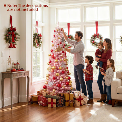 Goplus 6ft / 7ft Pink Slim Pencil Pre-lit Snow Flocked Christmas Tree