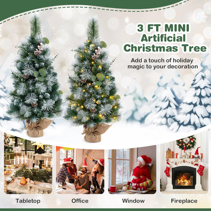 Goplus 3ft Pre-Lit Mini Tabletop Christmas Tree with 30 Warm White LED Lights, Timer, 98 Flocked PVC & Pine Needles
