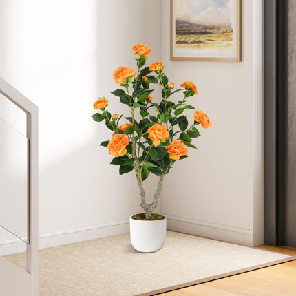 Goplus 36’’ Artificial Camellia Tree Faux Floral Plant Blooming Tree in Nursery Pot
