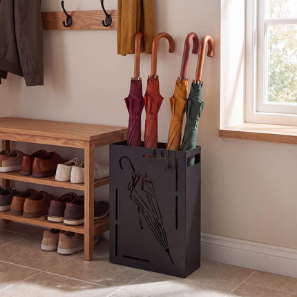Goplus Rectangular Umbrella Holder Rack with Removable Drip Tray and 4 Hanging Hooks