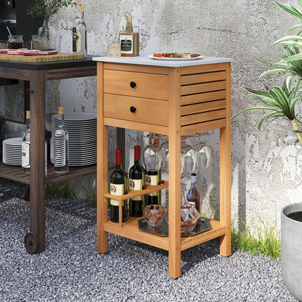 Goplus Acacia Wood Bar Table with 2 Drawers Glass & Wine Holders