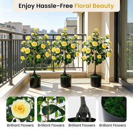Goplus 35.5" Artificial Camellia Tree Faux Floral Plant Blooming Tree in Cement Pot (1/2 Pack)