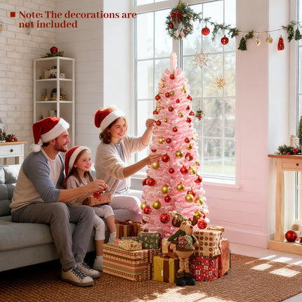 Goplus Pink Slim Pencil Christmas Tree | Artificial Unlit Skinny Xmas Full Tree for Seasonal Decor