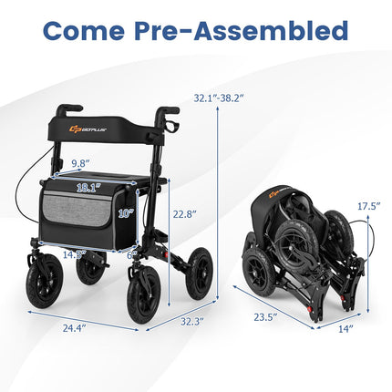 Goplus 2 in 1 Folding Rolling Rollator Walker with 9" Pneumatic Tires for All Terrain