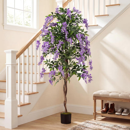 Goplus 6FT Ficus Artificial Tree Faux Wisteria Tree in Nursery Pot with Purple Lifelike Flowers