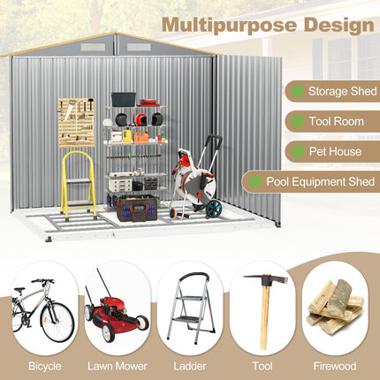 Goplus 8' x 6' Woodgrain Outdoor Storage Shed, Galvanized Metal Tool House Organizer w/Base Floor, 4 Vents
