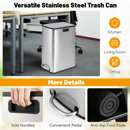 Goplus 12 Gallon Stainless Steel Trash Can, Kitchen Waste Bin with Soft-Closing Wing Lids & Removable Inner Bucket