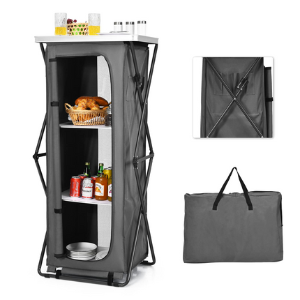 Goplus Folding Camping Storage Cabinet, Pop Up Outdoor Camping Kitchen Station with Large 3-Tier Storage Organizer - GoplusUS