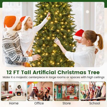 Goplus 12ft Pre-Lit Artificial Christmas Tree with 360° Quick Power Connector & LED Lights