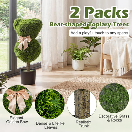 Goplus 2 Pcs Bear Topiary Trees with Pots 24.5" Sun-Resistant Bear-Shaped Faux Boxwood Plants