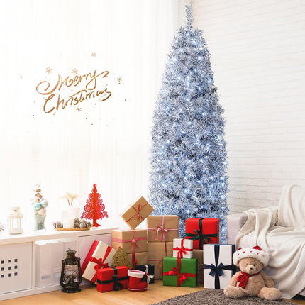 Goplus 7ft Pre-Lit Artificial Pencil Christmas Tree with 350 Cool-White LED Lights