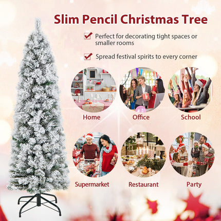 Goplus 4.5ft / 6ft / 7ft Pre-Lit Snow Flocked Pencil Christmas Tree for Home Office Holiday Decor