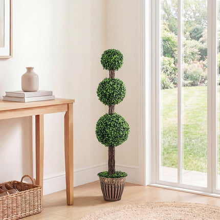 Goplus 4 FT Artificial Triple Ball Boxwood Tree w/Cement-Filled Retro Planter & Real Vines (1/2 Pack)