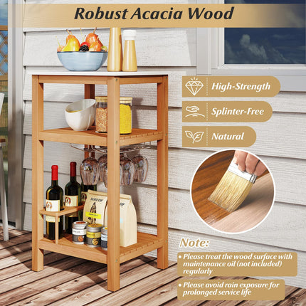 Goplus 3-Tier Acacia Wood Outdoor Kitchen Organizer with Glass & Wine Holders