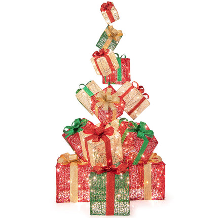 Goplus Lighted Boxes Tower, 15 Pieces Stackable Pre-lit Xmas Present Boxes w/ 450 Warm White Lights