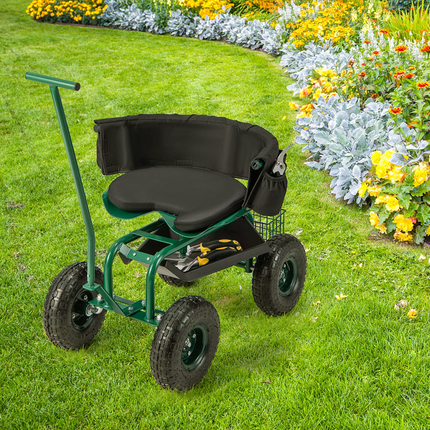 Goplus Rolling Garden Cart, Garden Scooter with Seat & Tool Storage, Outdoor Gardening Workseat