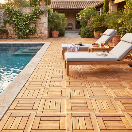 Goplus 27/54-Pack Acacia Wood Deck Tiles 12" x 12" Interlocking Floor Tiles for Patio(Boardwalk)
