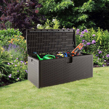 Goplus Outdoor Storage Box, 31 73 100 Gallon Waterproof Resin Patio Storage Box with Lockable Lid, Side Handle for Pillows, Cushions