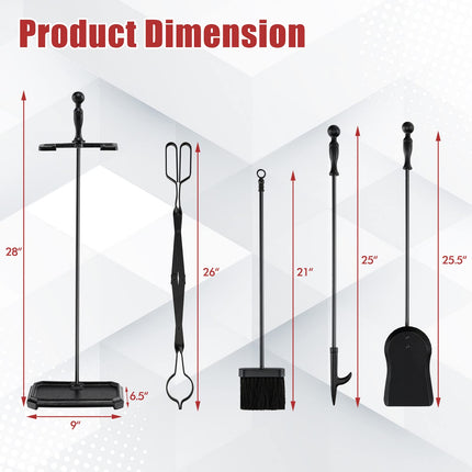Goplus 5-Piece Fireplace Tools Set, Heavy Duty Steel Fireplace Tools with Poke, Shovel, Fire-resistant Palm Brush, Tong,Stand - GoplusUS