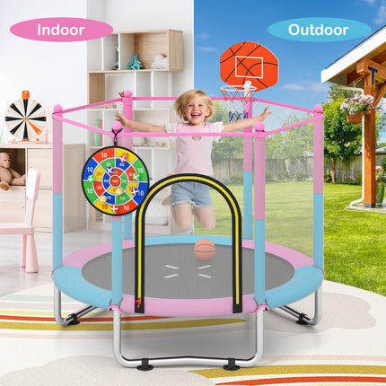 Goplus 60" Trampoline for Kids with Basketball Hoop Dart Board Safe Enclosure Net