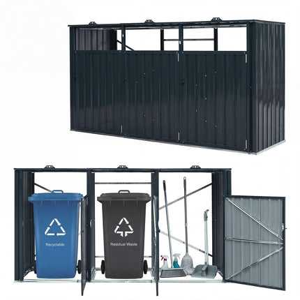 Goplus 7.8 x 2.6 FT Outdoor Trash Can Storage 3-Bin Metal Garbage Shed